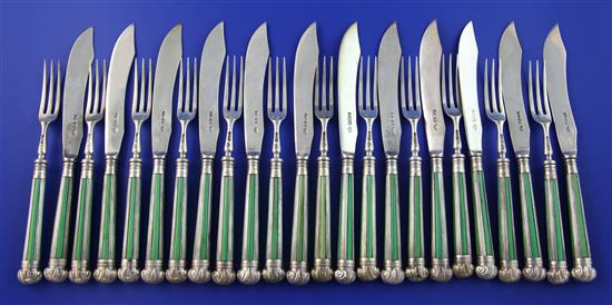 A set of twelve George V silver and stained ivory handled silver fruit eaters by the Goldsmiths & Silversmiths Co Ltd, knife 7.75in.